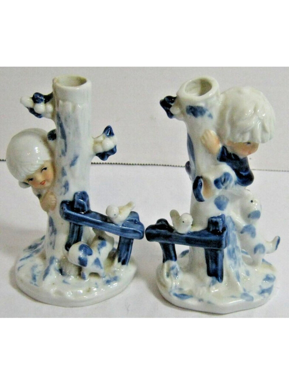 Vintage Delft Blue Boy And Girl Puppies + Birds 5" Bud Vases, made in Korea
